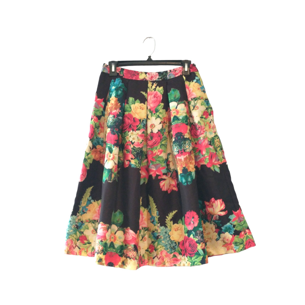 Champagne & Strawberry Women's Pleated Skirt Medium Black Floral Dark Cottage